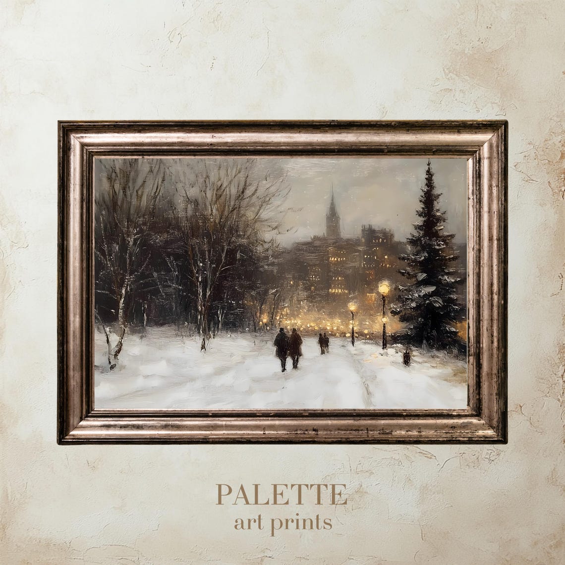 Snowy Street Scene Painting Winter Cityscape Art Print Street Lights Decor Christmas Wall Art Cozy Winter Landscape Urb017