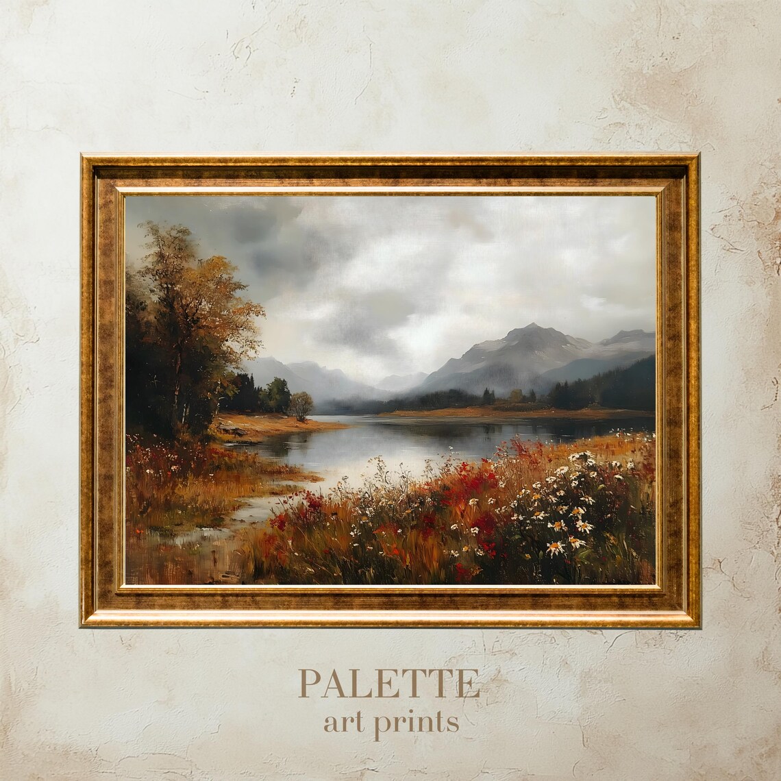 Mountain Lake Autumn Wildflowers Stormy Sky Vintage Landscape Poster