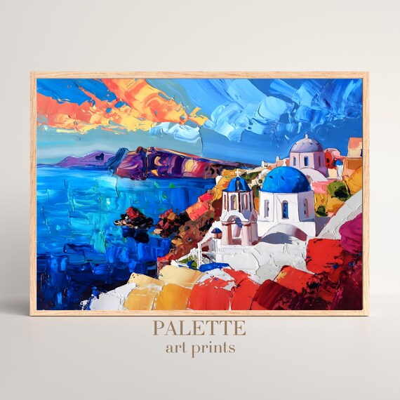 Santorini Blue Domes Colorful Impasto Aegean Coast Painting Poster