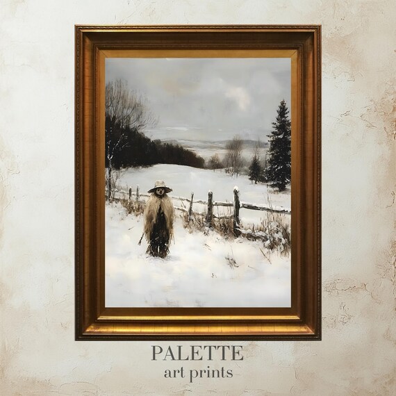 Winter Scarecrow Snowy Field Rustic Fence Moody Farm Painting Poster