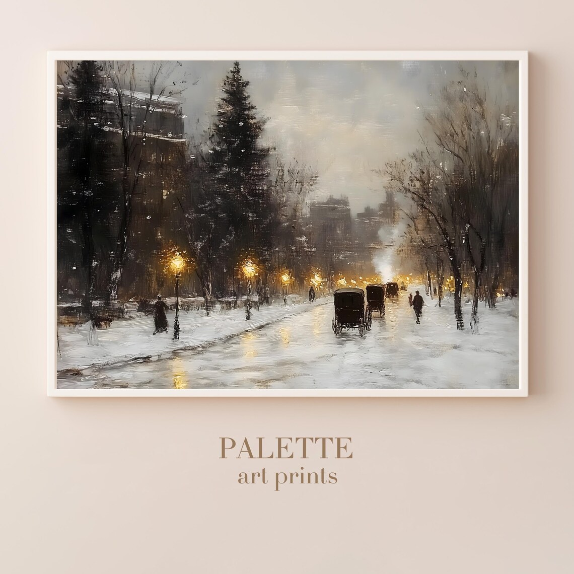 Victorian City Street at Dusk Snowy Lamps and Carriages Poster - Image 3