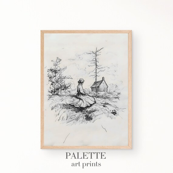 Woman Seated on Hillside Cottage Pencil Sketch Vintage Figure Drawing Poster