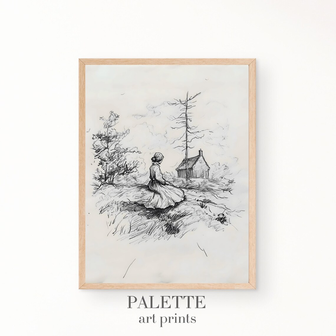 Woman Seated on Hillside Cottage Pencil Sketch Vintage Figure Drawing Poster