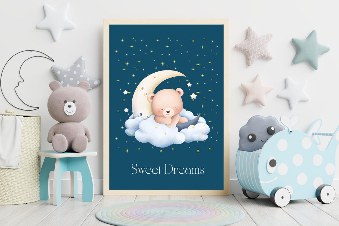 Sweet Dreams Sleeping Bear on the Moon Nursery Night Sky Poster - Image 2