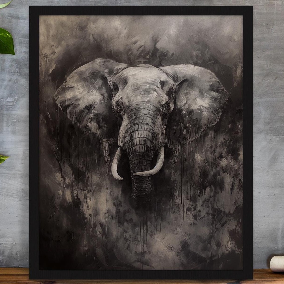African Elephant Head Charcoal Style Dramatic Wildlife Art Poster
