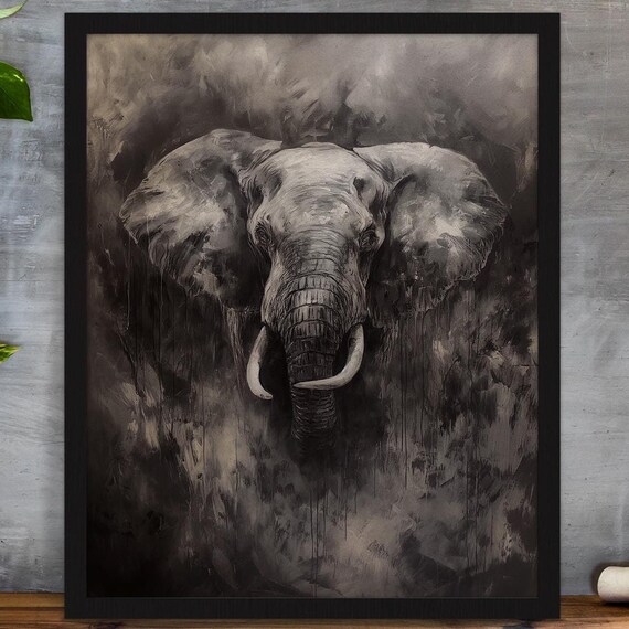 African Elephant Head Charcoal Style Dramatic Wildlife Art Poster