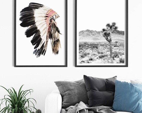 Print Set Joshua Tree Print Headdress Art Boho Print Bohemian Decor Boho Home Decor Bohemian Wall Art Southwestern Desert Print