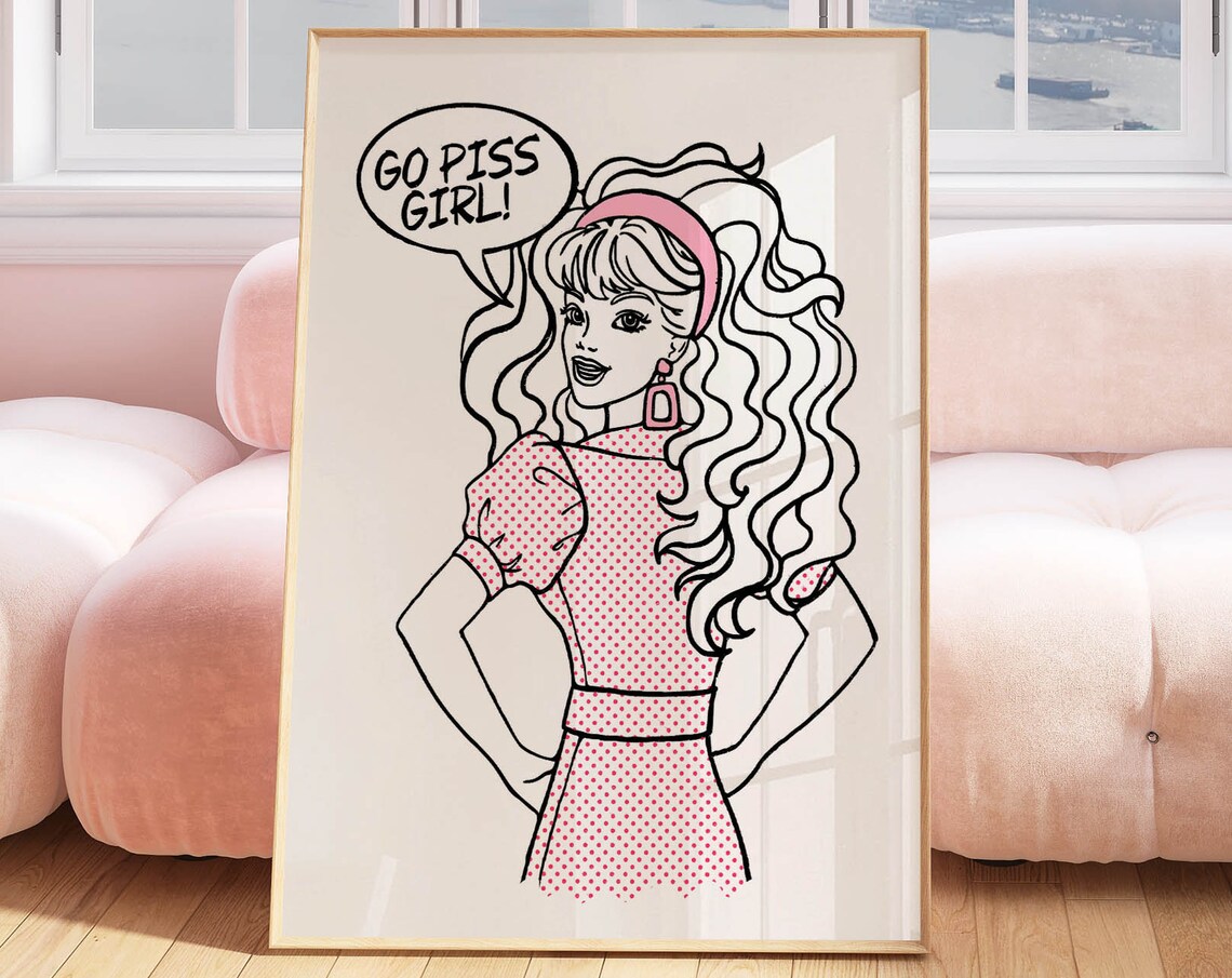 Go Piss Girl Sassy Pop Art Woman Retro Pink Funny Bathroom Poster