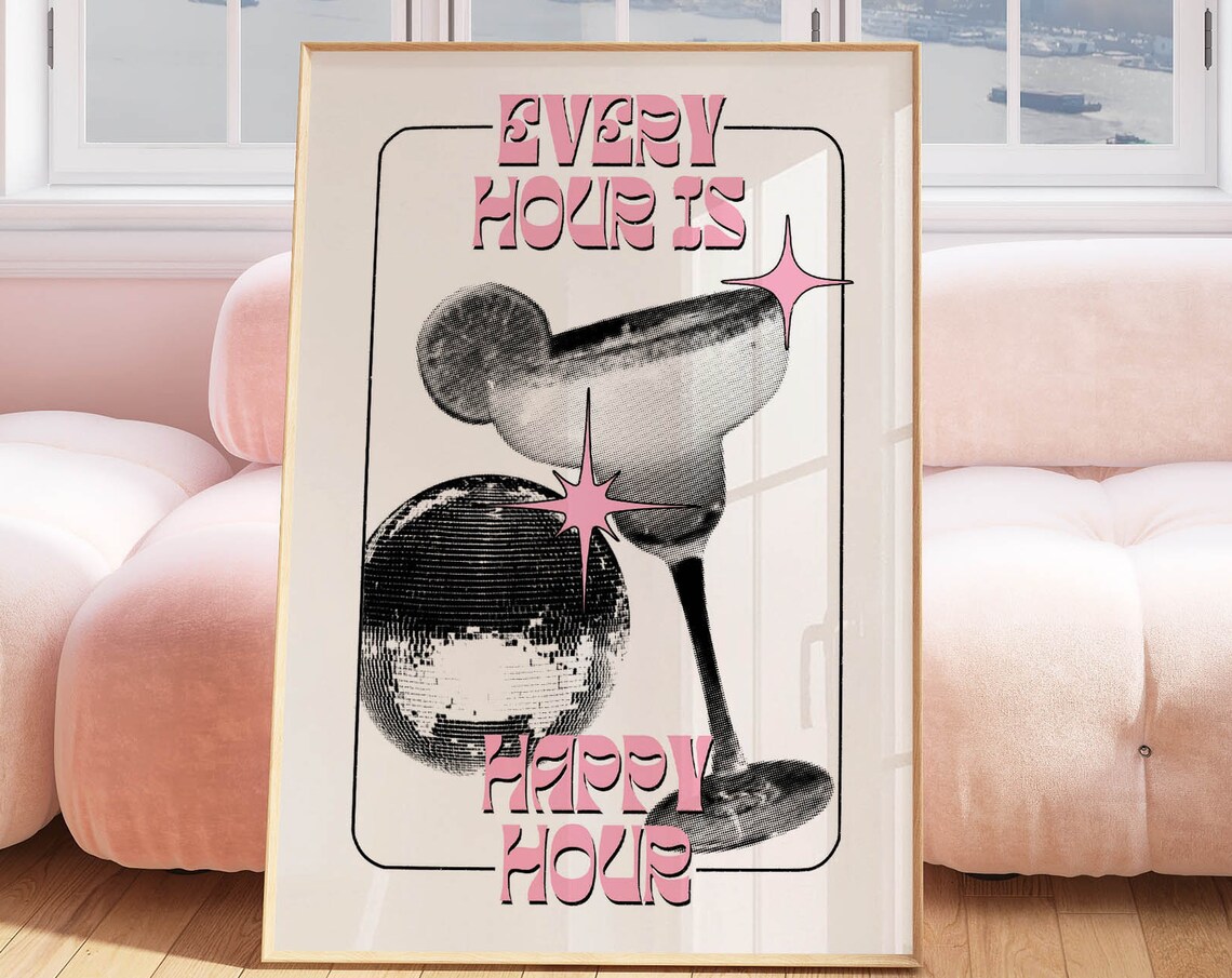 Happy Hour Cocktail Poster, Funky Retro Bar Decor