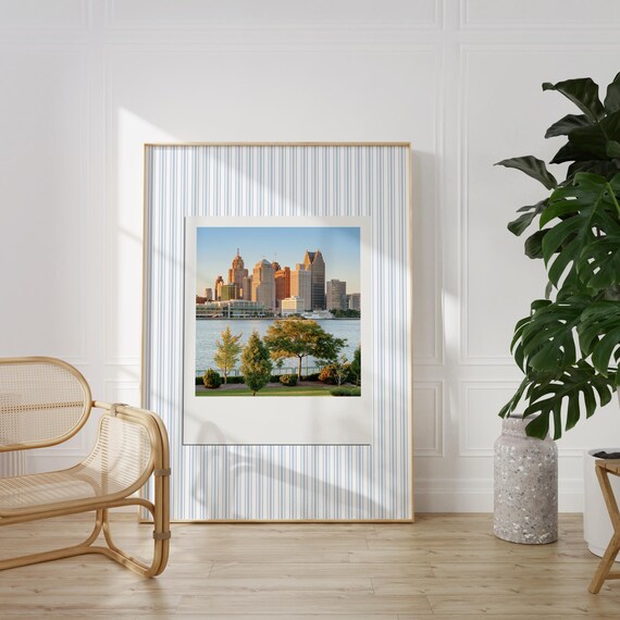 Detroit Michigan Skyline Retro Instant Photo Blue Stripe Art Poster