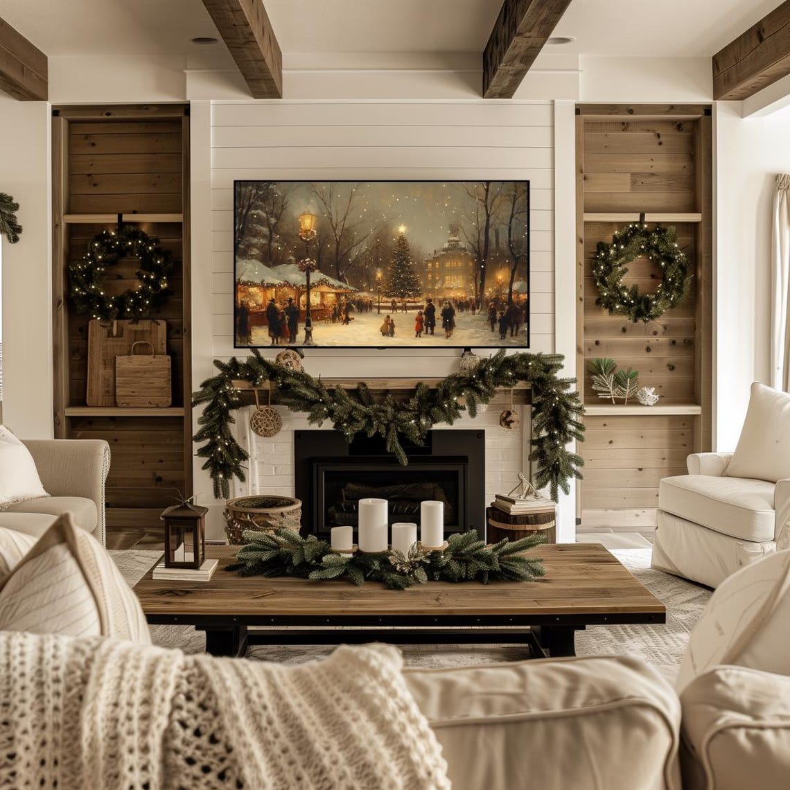 Christmas Frame Tv Art Winter Christmas Village Tv Art Neutral Painting Of Holiday Market Frame Tv Art Frame Tv Art Christmas - Image 4
