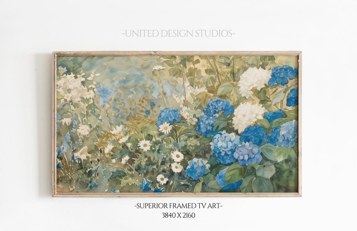 Blue Hydrangeas White Daisies Watercolor Garden Floral Poster