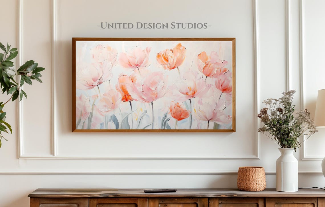 Pink Coral Tulips Pastel Spring Flower Painting Frame TV Art Poster - Image 3