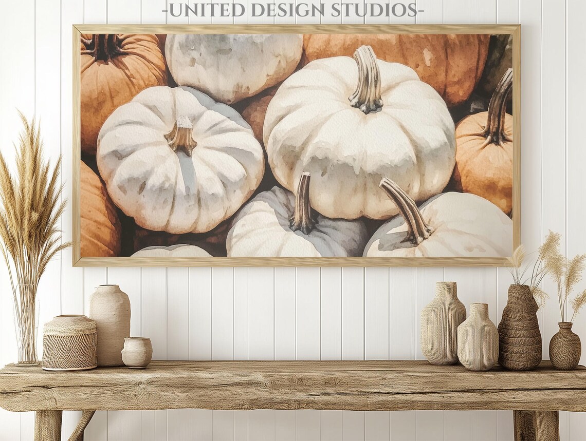 White Pumpkins Patch Watercolor Neutral Fall Harvest Frame TV Art Poster - Image 2
