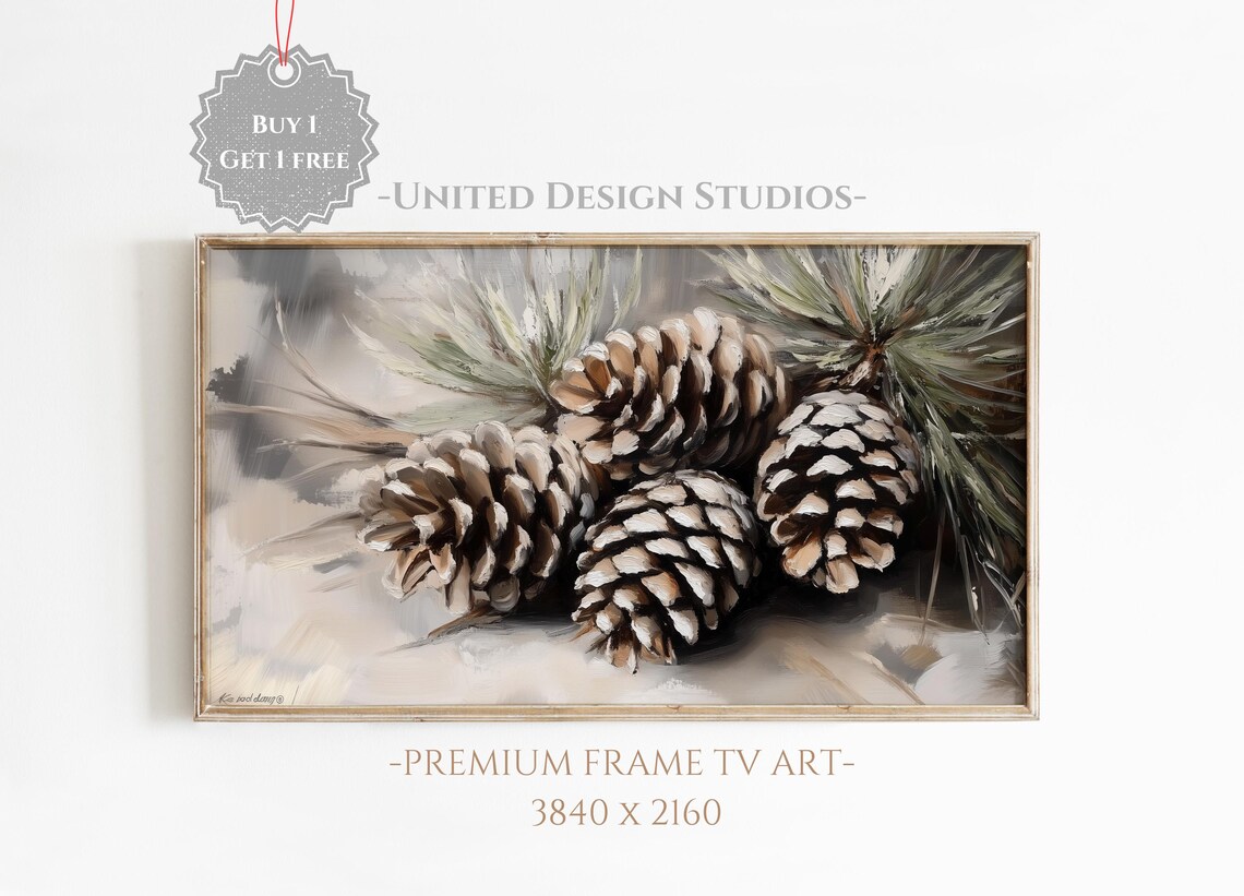 Pinecones Pine Branches Soft Gray Winter Still Life Painting Poster