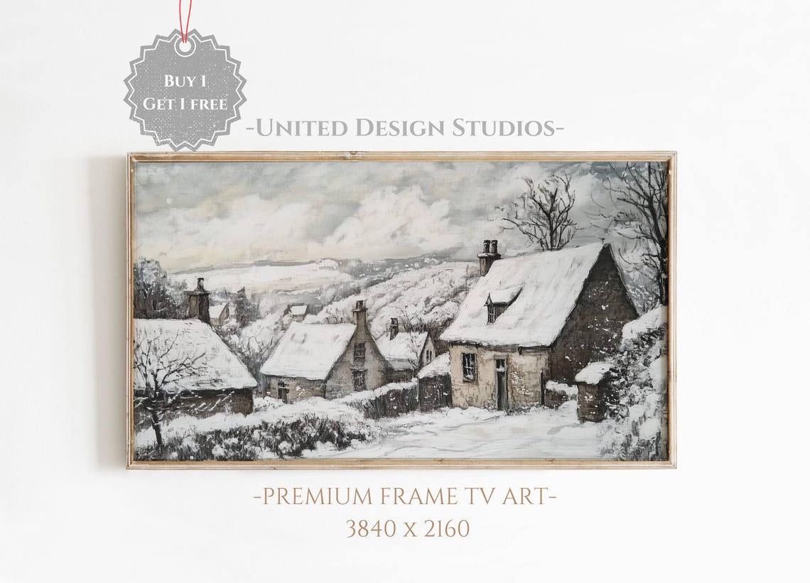 Winter Village Cottages Snow Roofs Rustic Christmas Town Poster
