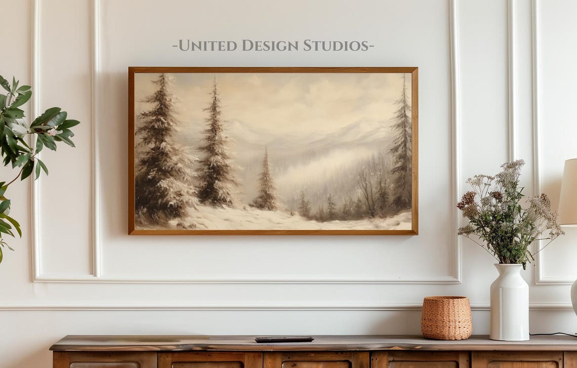 Neutral Beige Snowy Pine Forest Mountain Minimalist Winter Art Poster - Image 3