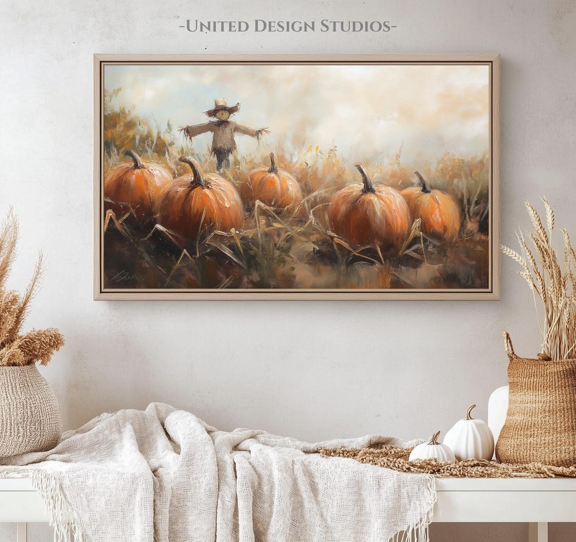 Scarecrow In Golden Pumpkin Patch Fall Harvest Farmhouse Wall Art - Image 5