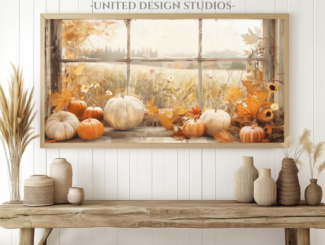 Rustic Autumn Window Pumpkins Golden Fall Leaves Farmhouse Poster - Image 2