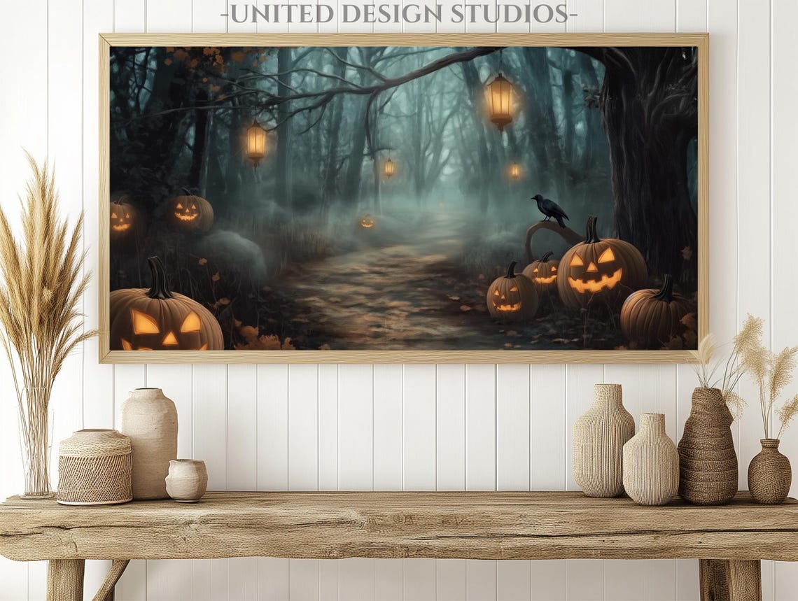 Haunted Forest Path Jack O Lanterns Halloween Night Wall Art - Image 3