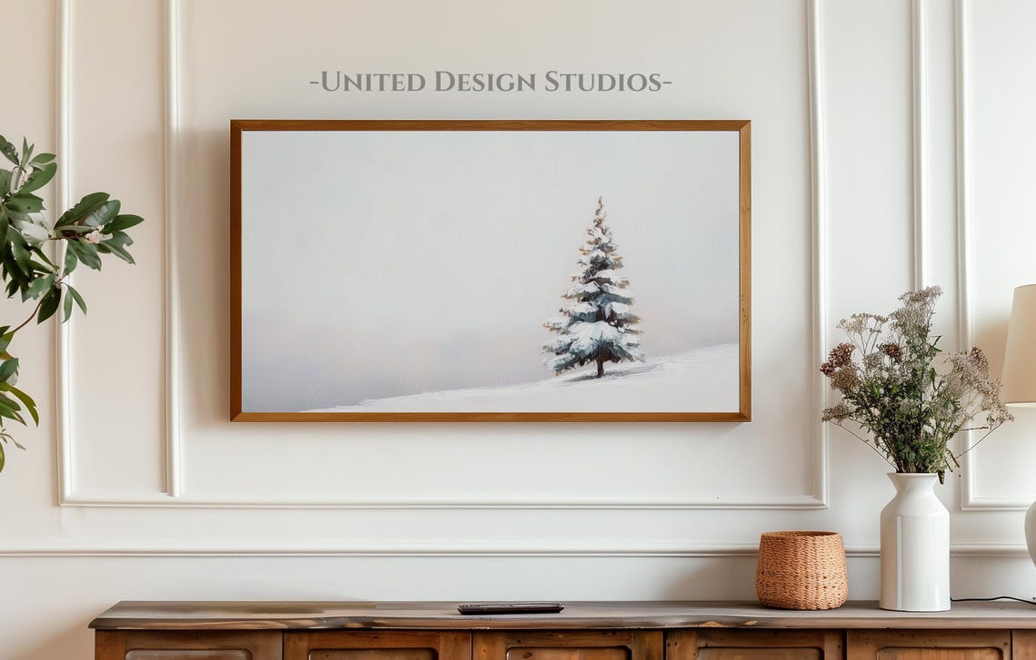 Lone Snow Covered Pine Tree Minimalist Winter Painting Poster - Image 3