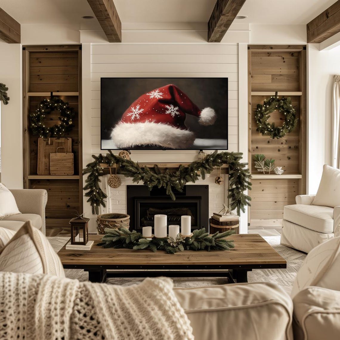 Christmas Frame Tv Art Holiday Frame Tv Art Santas Hat Tv Art Santa Claus Hat Moody Painting For Tv Farmhouse Christmas - Image 4