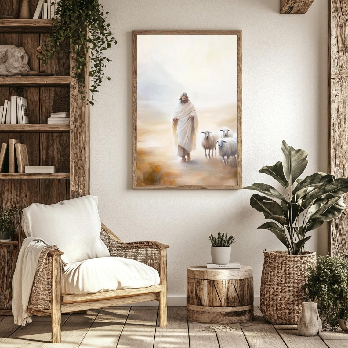 Jesus With Sheep Good Shepherd Misty Golden Field Soft Oil Painting Poster - Image 2