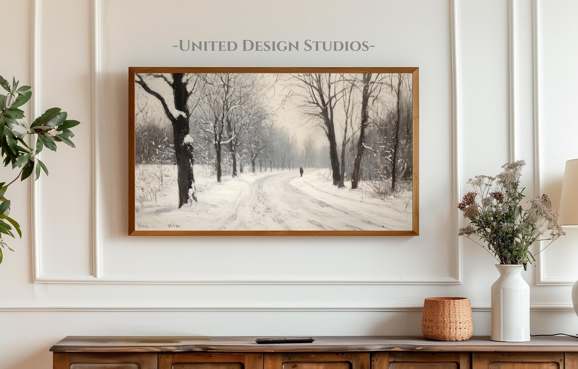 Frame Tv Winter Art Neutral Moody Painting Of Winter Landscape Rustic Farmhouse Winter Landscape Frame Tv Art Christmas Frame Tv Art - Image 3