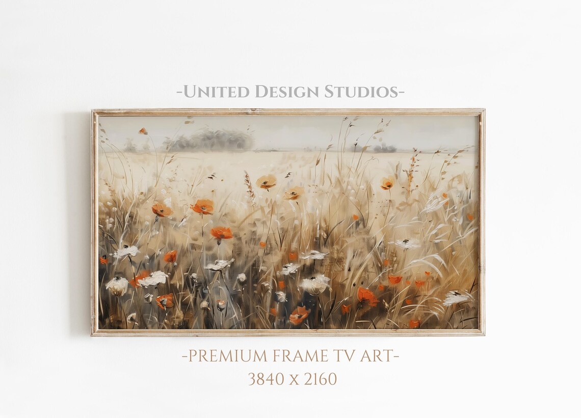 Orange Poppies Wildflower Field Beige Autumn Meadow Painting Poster