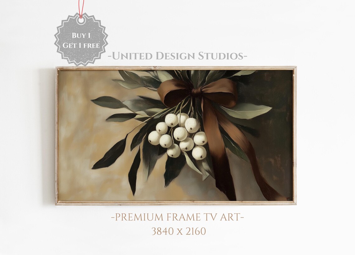 Mistletoe White Berries Brown Ribbon Moody Christmas Botanical Poster