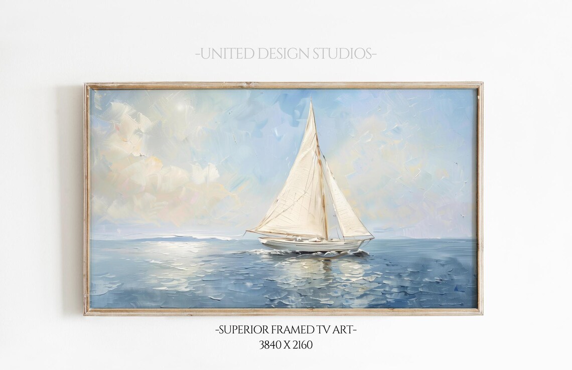 Sailboat on Calm Blue Ocean White Sails Seascape Painting Frame TV Art Poster