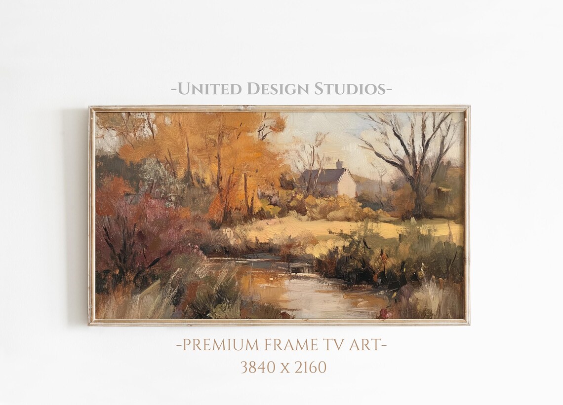Autumn Landscape Textured Oil Painting, Cottagecore