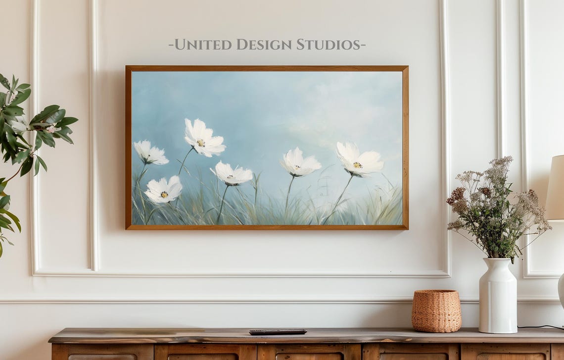 White Cosmos Wildflowers Soft Blue Sky Impressionist Floral Poster - Image 4