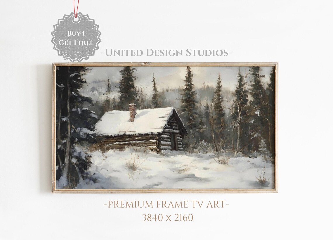 Moody Snowy Log Cabin Forest Winter Painting Farmhouse Art Print