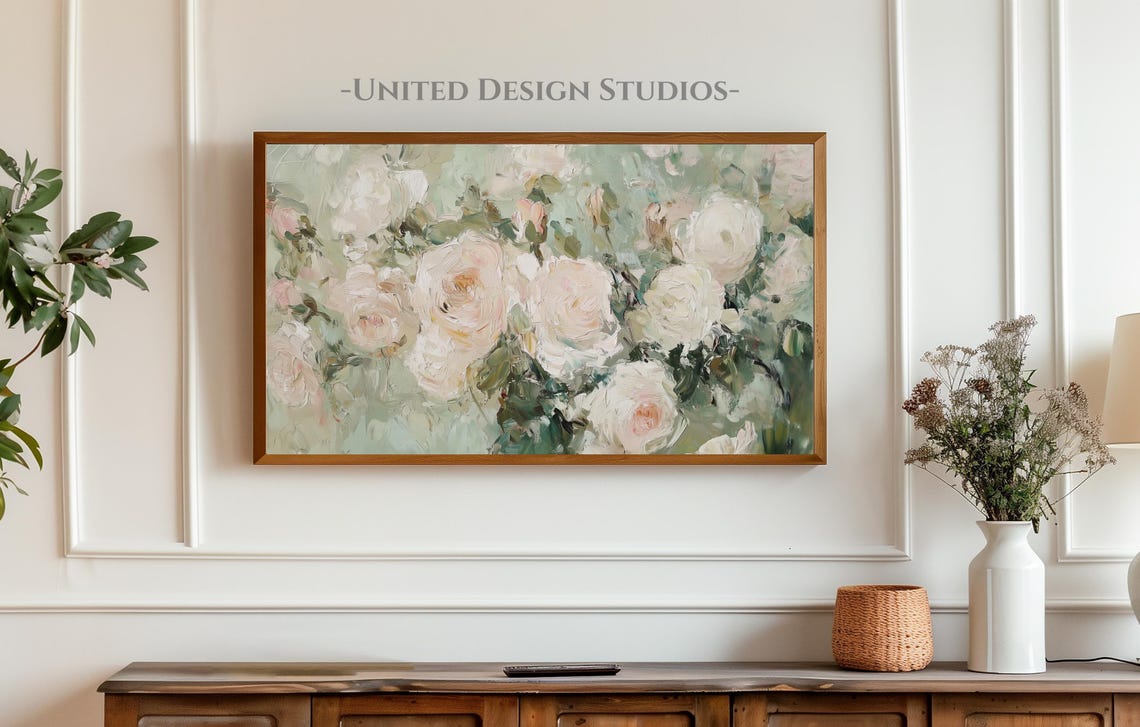 Blush Pink Roses Botanical Textured Oil Painting Frame TV Art Poster - Image 3