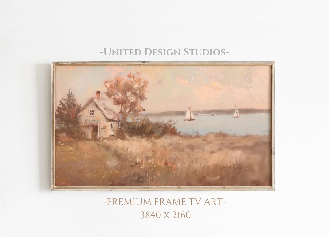 Coastal Cottage Sailboats Warm Seaside Landscape Painting Poster