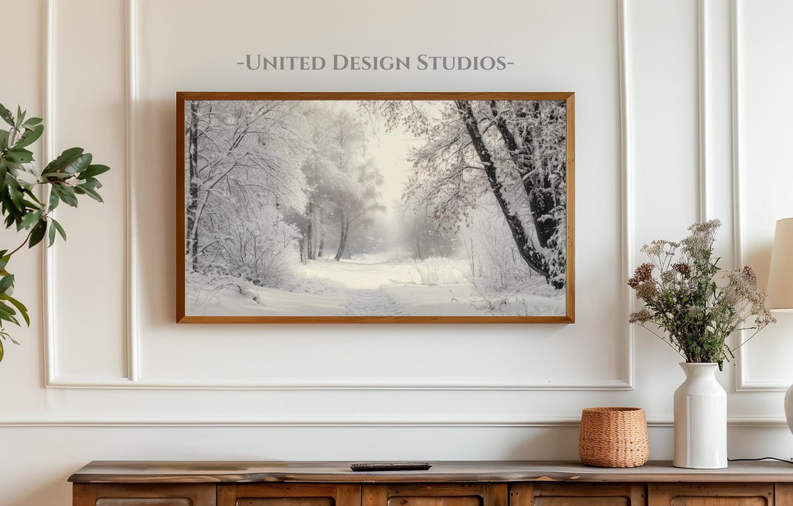 Misty Snowy Forest Path Snow Covered Trees Foggy Neutral Winter Poster - Image 3