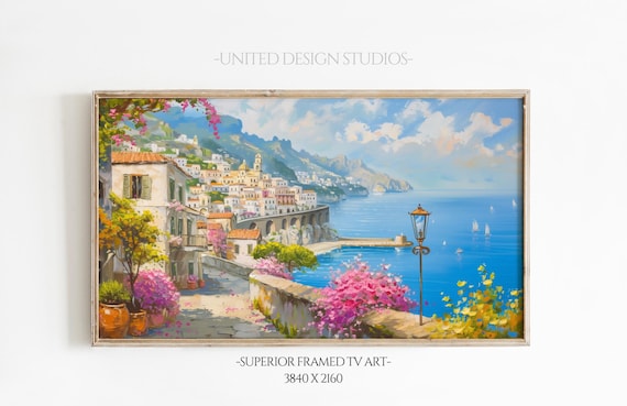 Amalfi Coast Village Painting Blue Sea Bougainvillea Italy Seaside View Poster