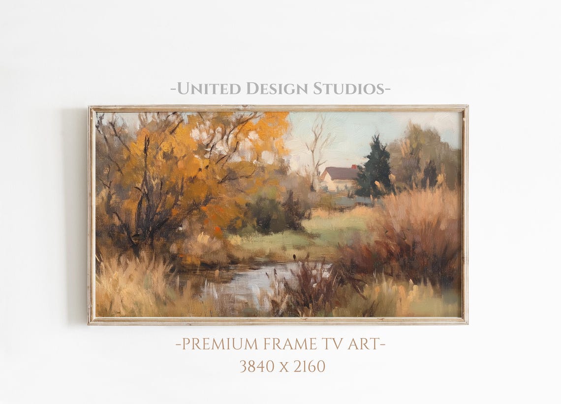 Golden Fall Trees By Creek Cottage Autumn Landscape Wall Art