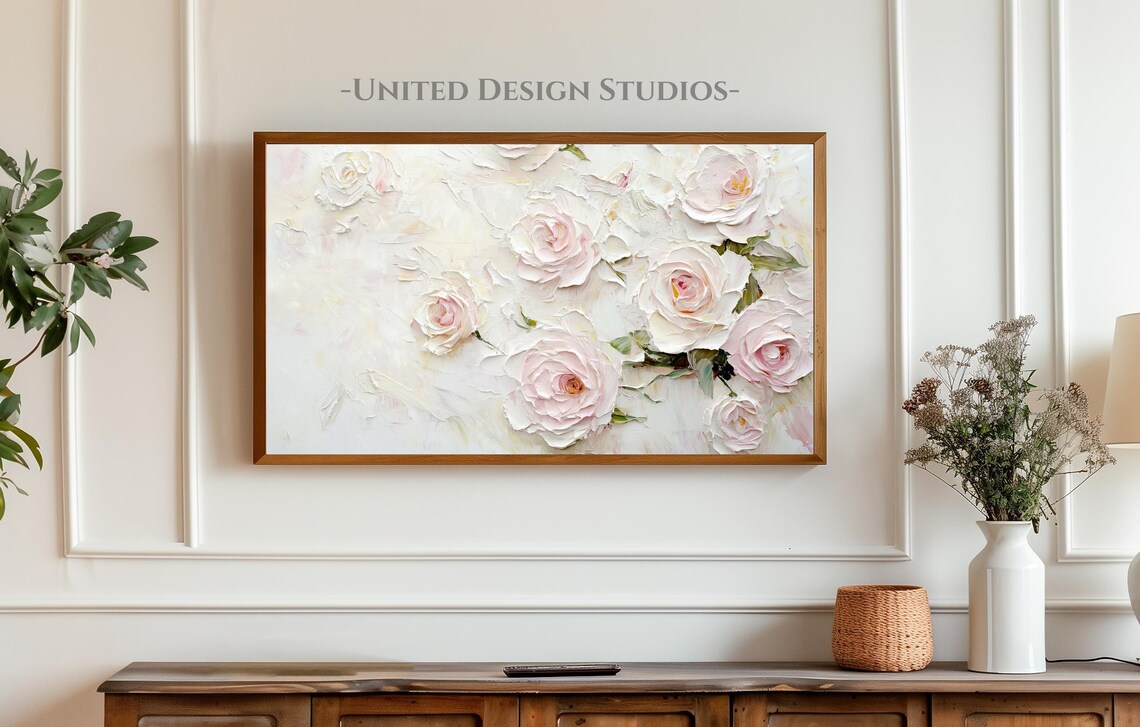 Blush Roses Abstract Textured Spring Floral Oil Painting Wall Art - Image 5