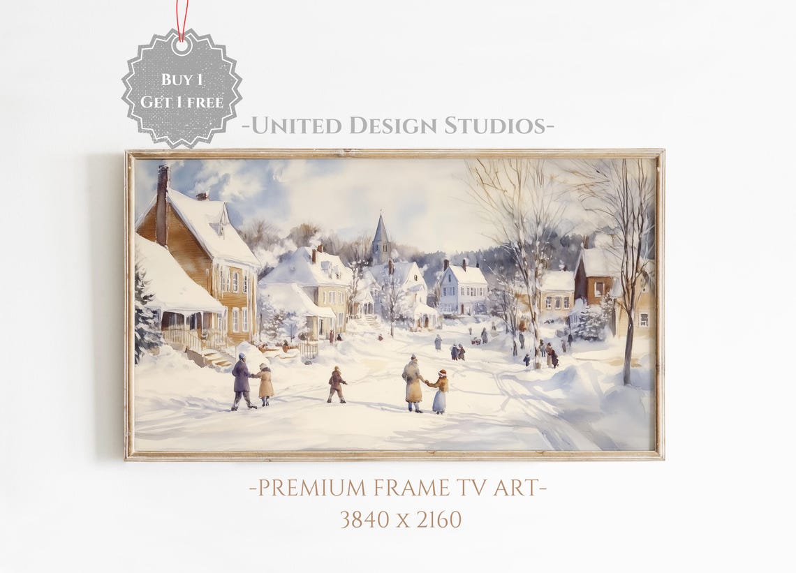 Frame Tv Winter Art Neutral Winter Town Watercolor Painting Frame Tv Winter Village Christmas Frame Tv Art Farmhouse Winter Frame Tv Art