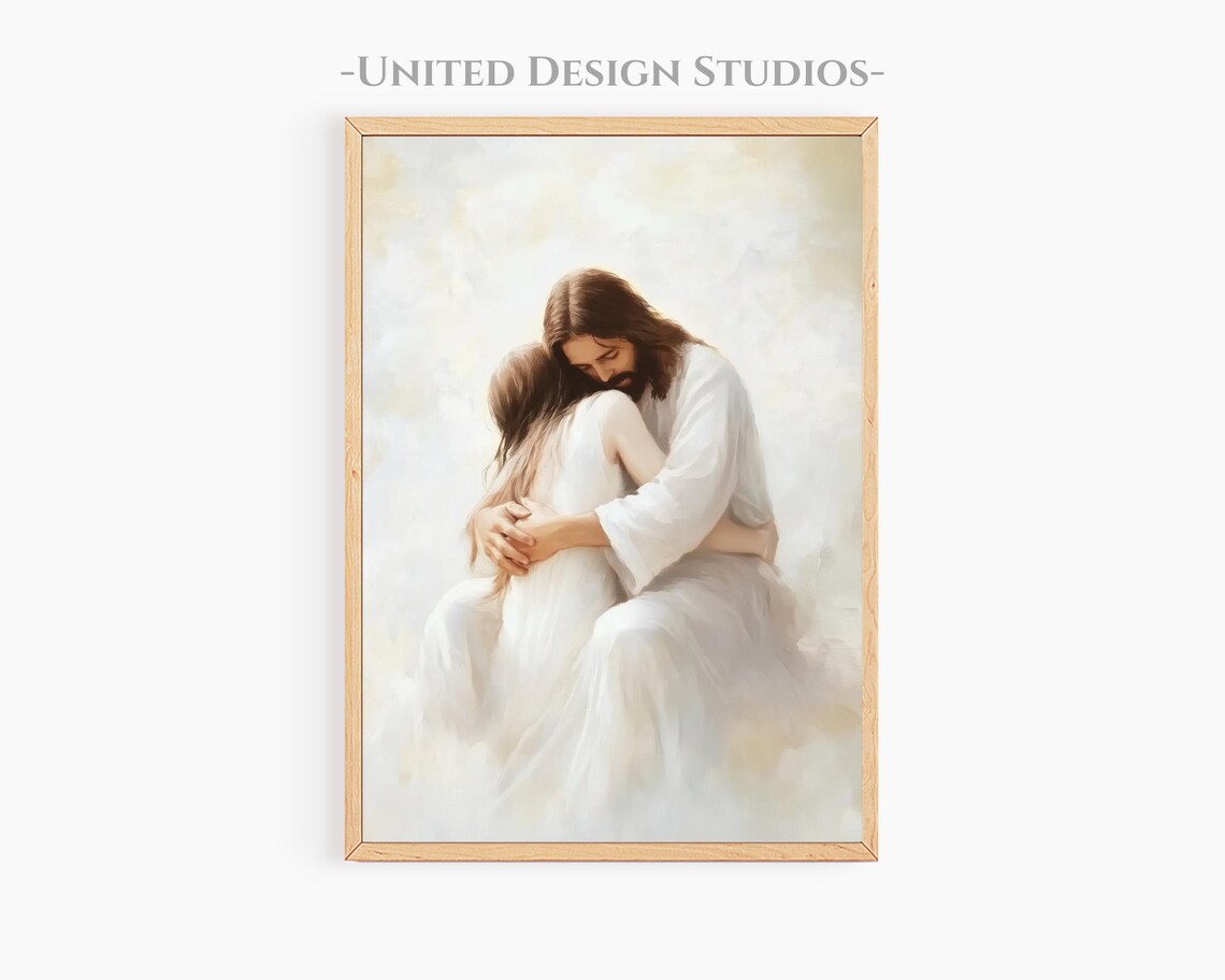 Jesus Comforting Woman Embrace White Christian Faith Wall Poster