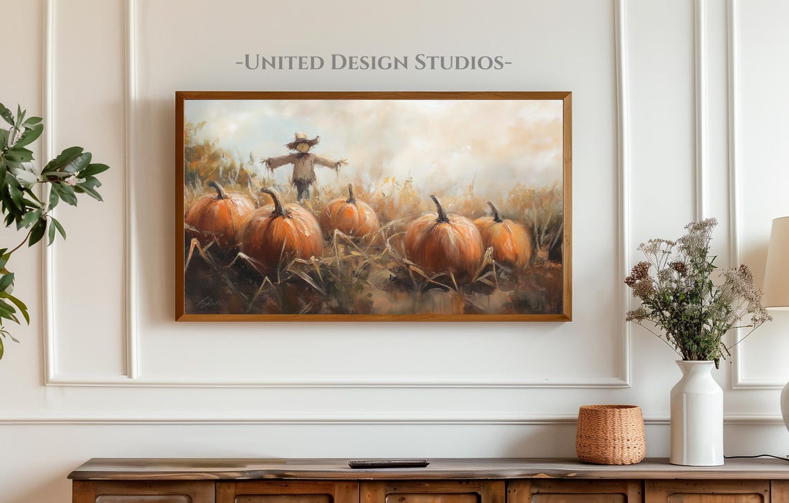 Scarecrow In Golden Pumpkin Patch Fall Harvest Farmhouse Wall Art - Image 4