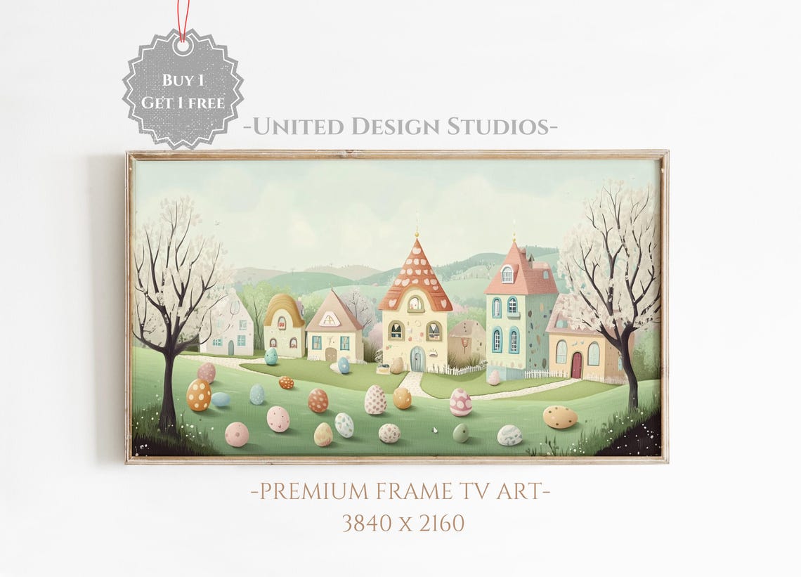 Easter Village With Painted Eggs Pastel Spring Town Wall Art