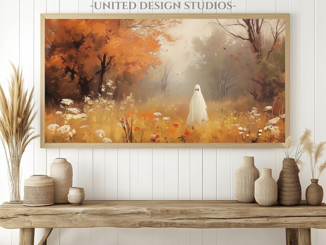 Cute Ghost Autumn Meadow Wildflowers Spooky Halloween Frame TV Art Poster - Image 2