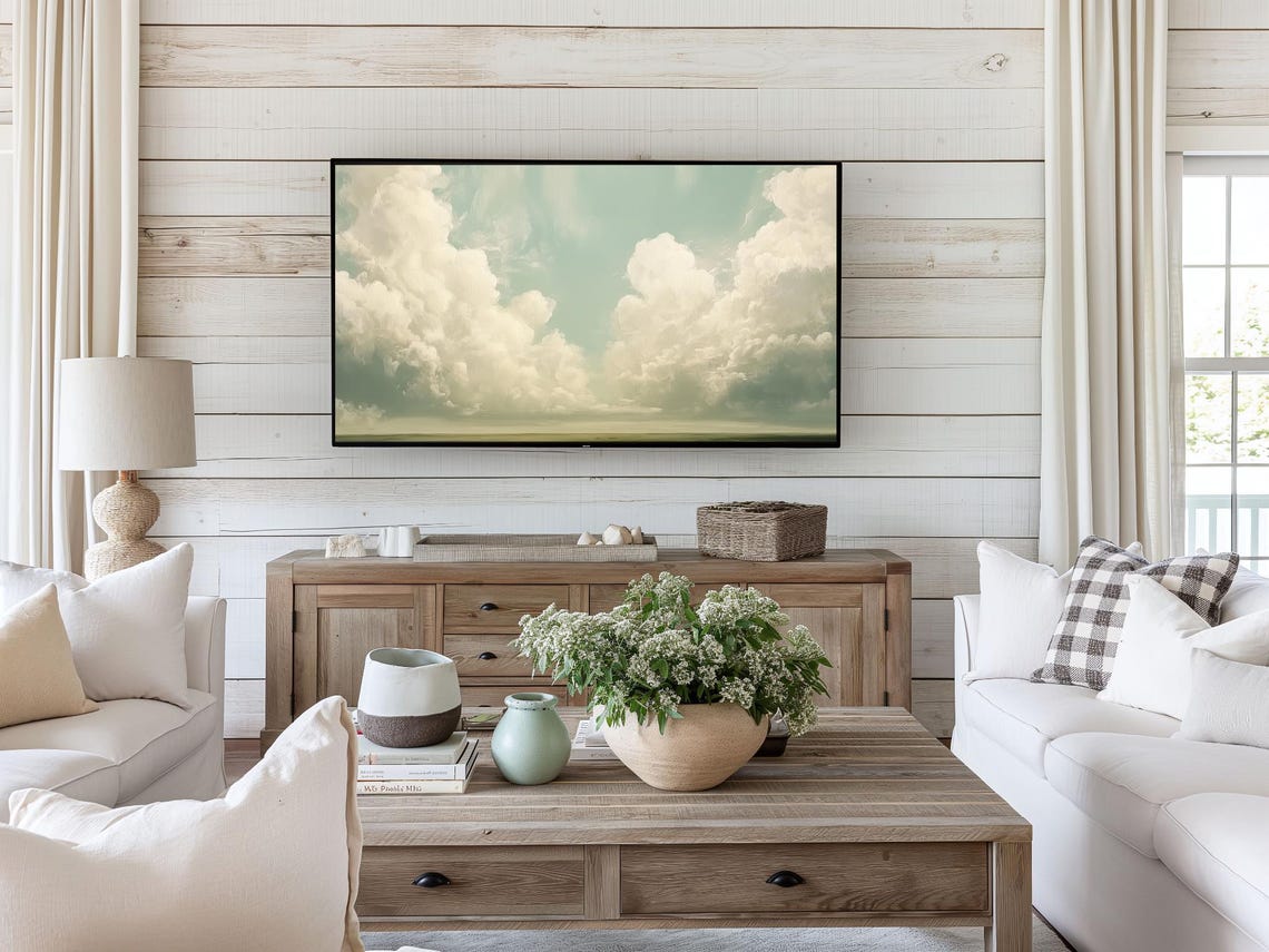 White Clouds Blue Sky Abstract Spring Landscape Painting Wall Art - Image 3