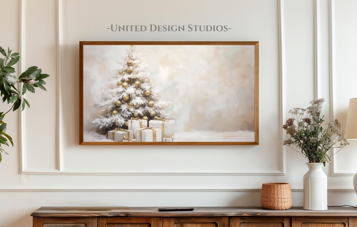 Neutral Christmas Tree and Presents Holiday Art Print - Image 3