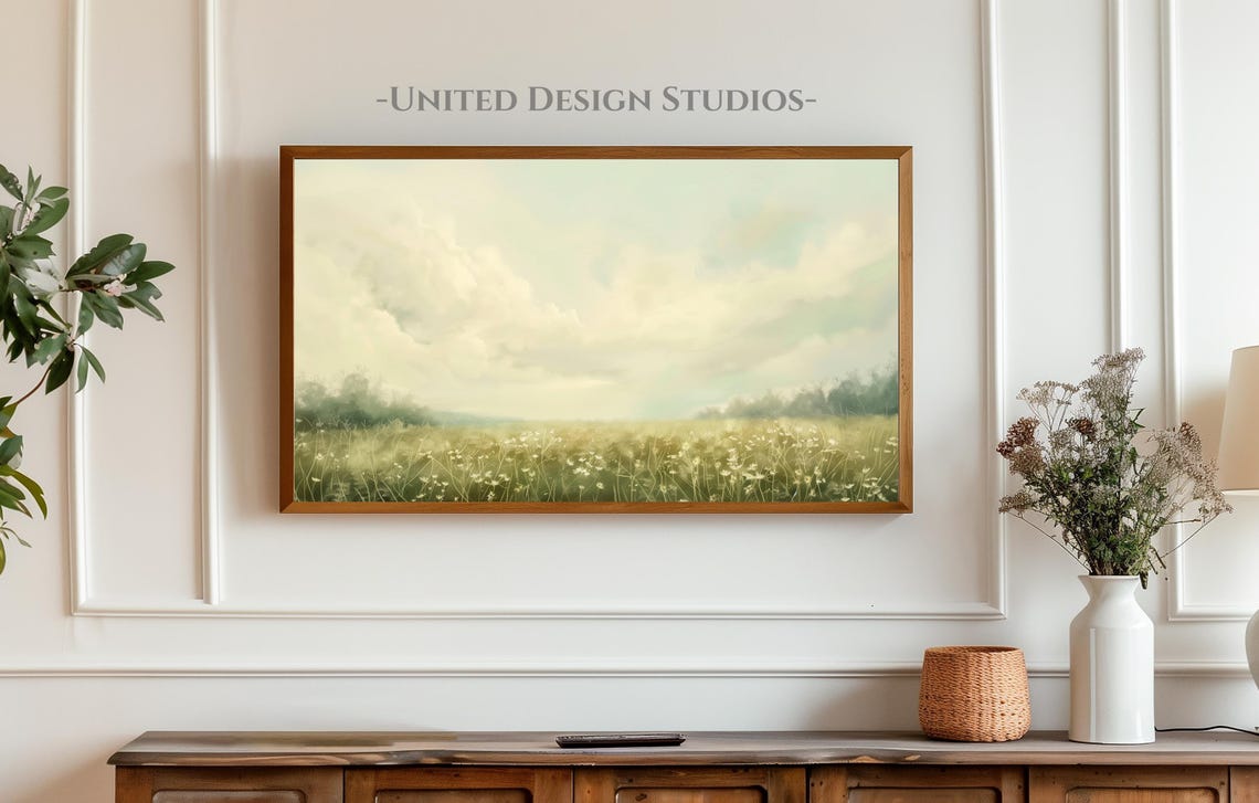 Soft Spring Meadow Cloudy Sky Green Landscape Painting Poster - Image 4