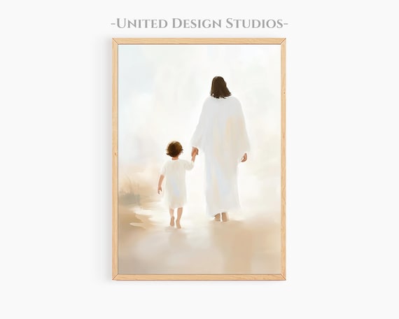 Jesus Holding Child Hand Walking In Heaven Christian Wall Art