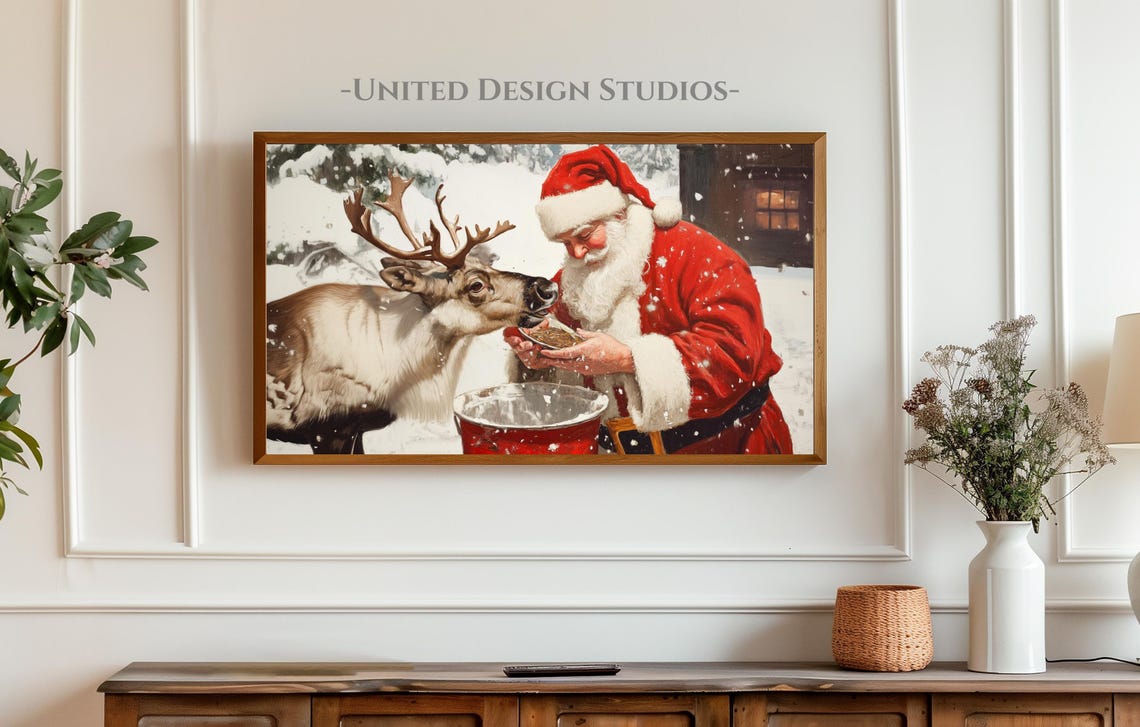 Christmas Frame Tv Art Classic Painting Of Santa Feeding Reindeer Frame Tv Art Santa Claus Tv Art Farmhouse Santa Frame Tv Art - Image 3